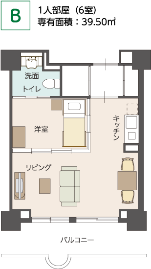 B 1人部屋（6室）専有面積：39.50㎡